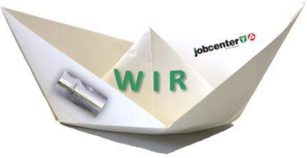 Papierboot mit grünem Schriftzug wir und Brückengrafik und Logo Jobcenter Kreis Wesel